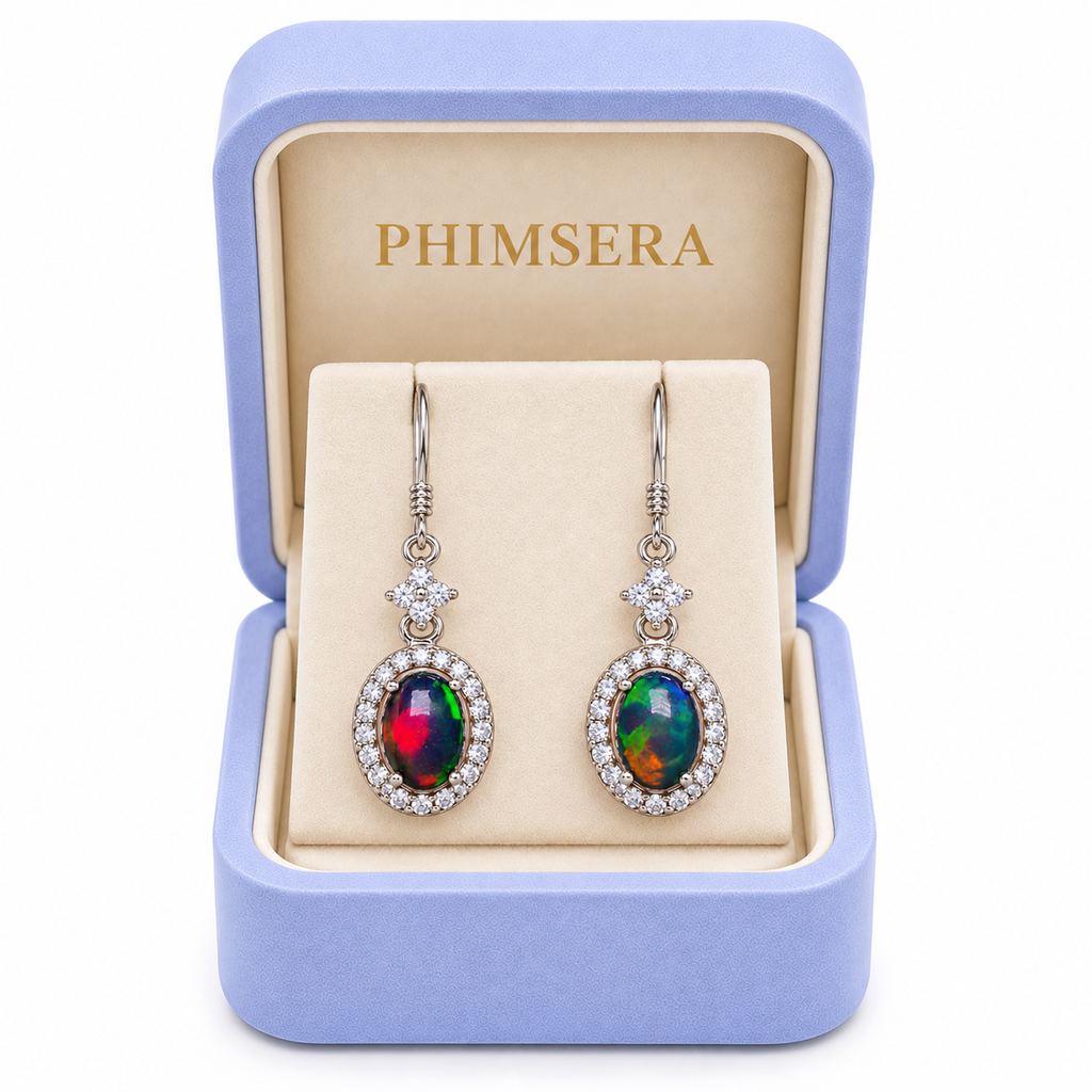 Natural Australian opal earrings presented in a Phimsera jewelry gift box