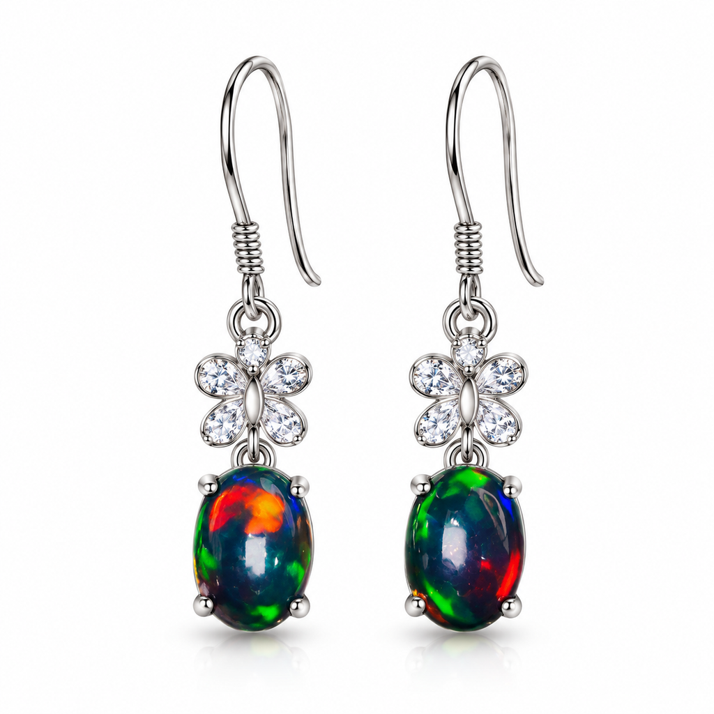 Natural black fire opal dangle earrings with 5x7mm colorful oval gemstones and floral Cubic Zirconia accents
