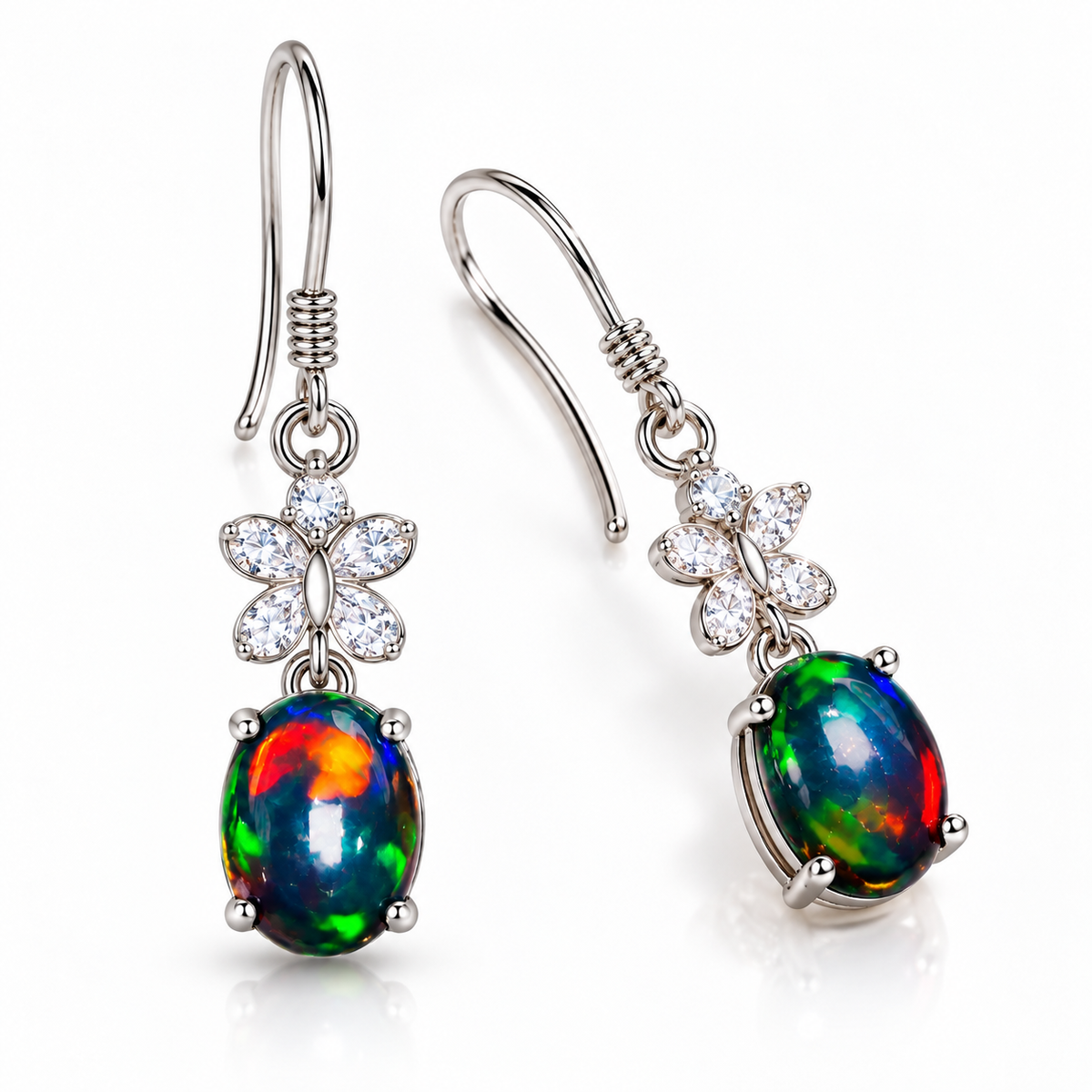 Natural black fire opal earrings featuring 5x7mm colorful gemstones in an elegant dangle design