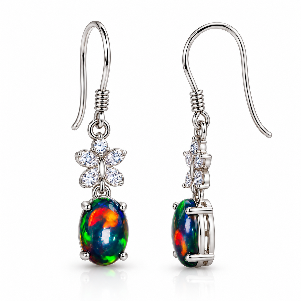 Side profile of 5x7mm natural black fire opal dangle earrings showing the fishhook ear wires and floral accents