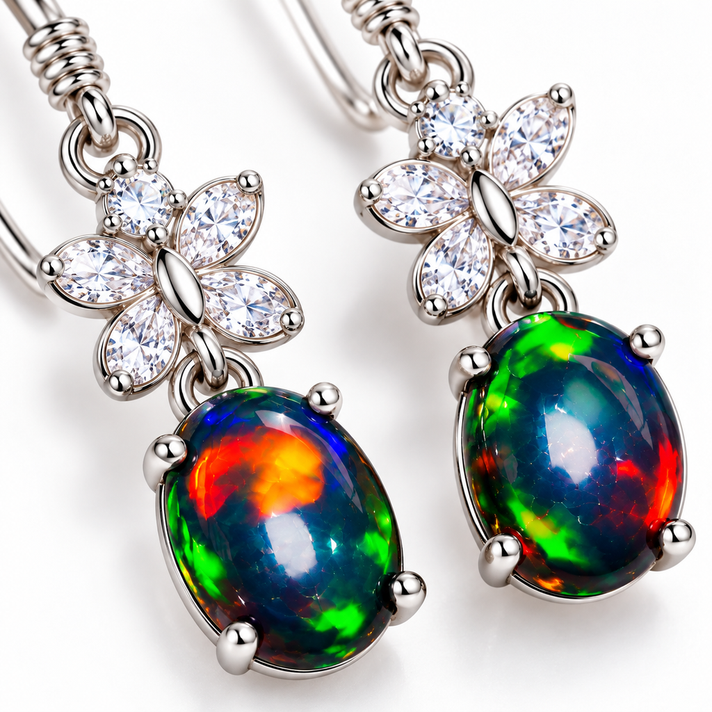 acro view of 5x7mm natural black fire opal gemstones showing colorful red, green, blue, and orange play-of-color