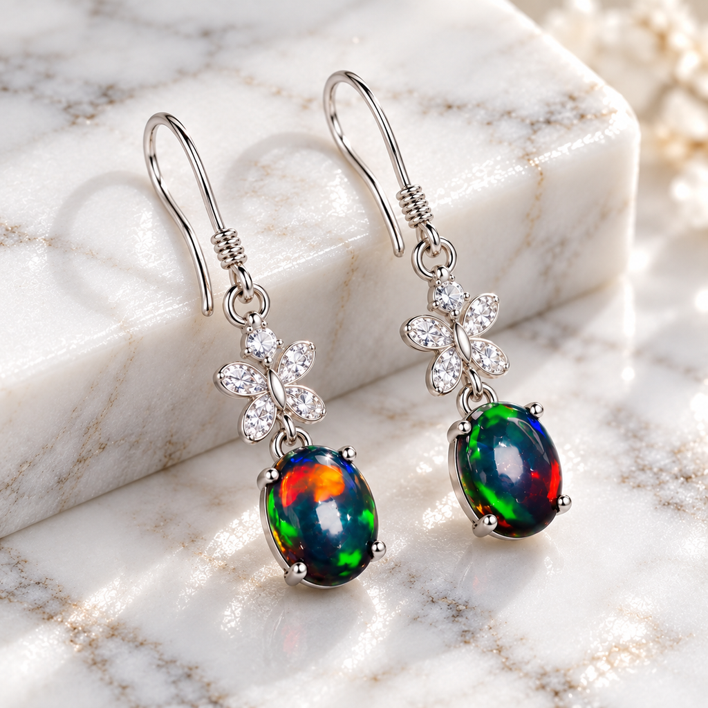 Natural black fire opal dangle earrings featuring colorful 5x7mm gemstones displayed on bright white marble