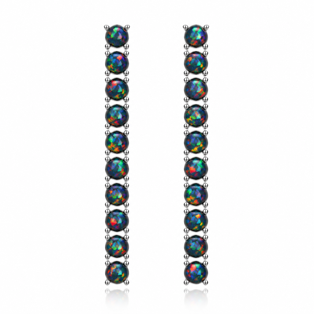 Natural Black Fire Opal earrings with 20 round 3mm gemstones, 10 gemstones on each earring, 925 Sterling Silver