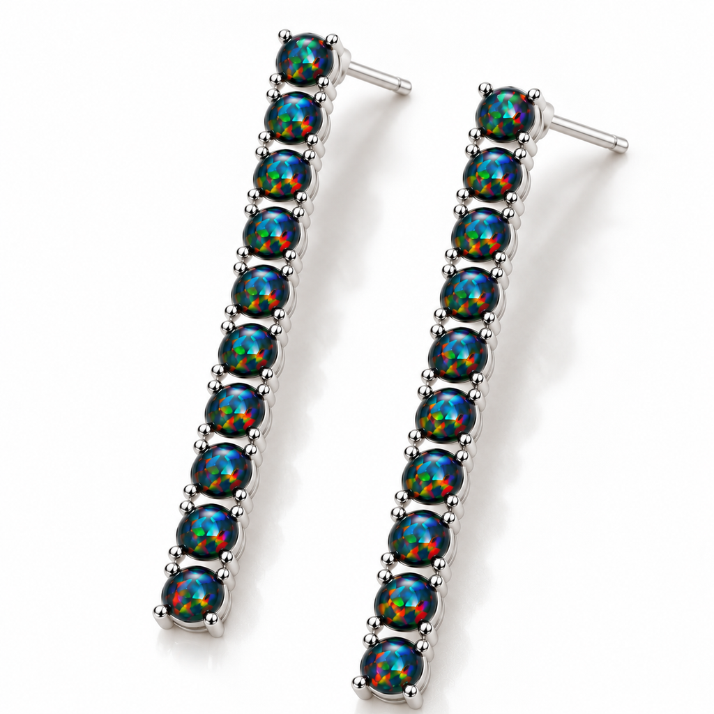 Natural Black Fire Opal earrings featuring ten 3mm round gemstones on the left earring and ten on the right