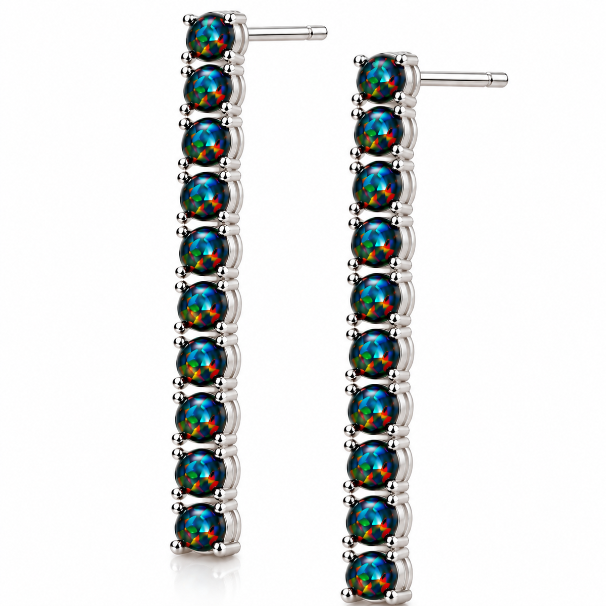 Side angle of Natural Black Fire Opal earrings showing the vertical arrangement of ten 3mm gemstones per earring