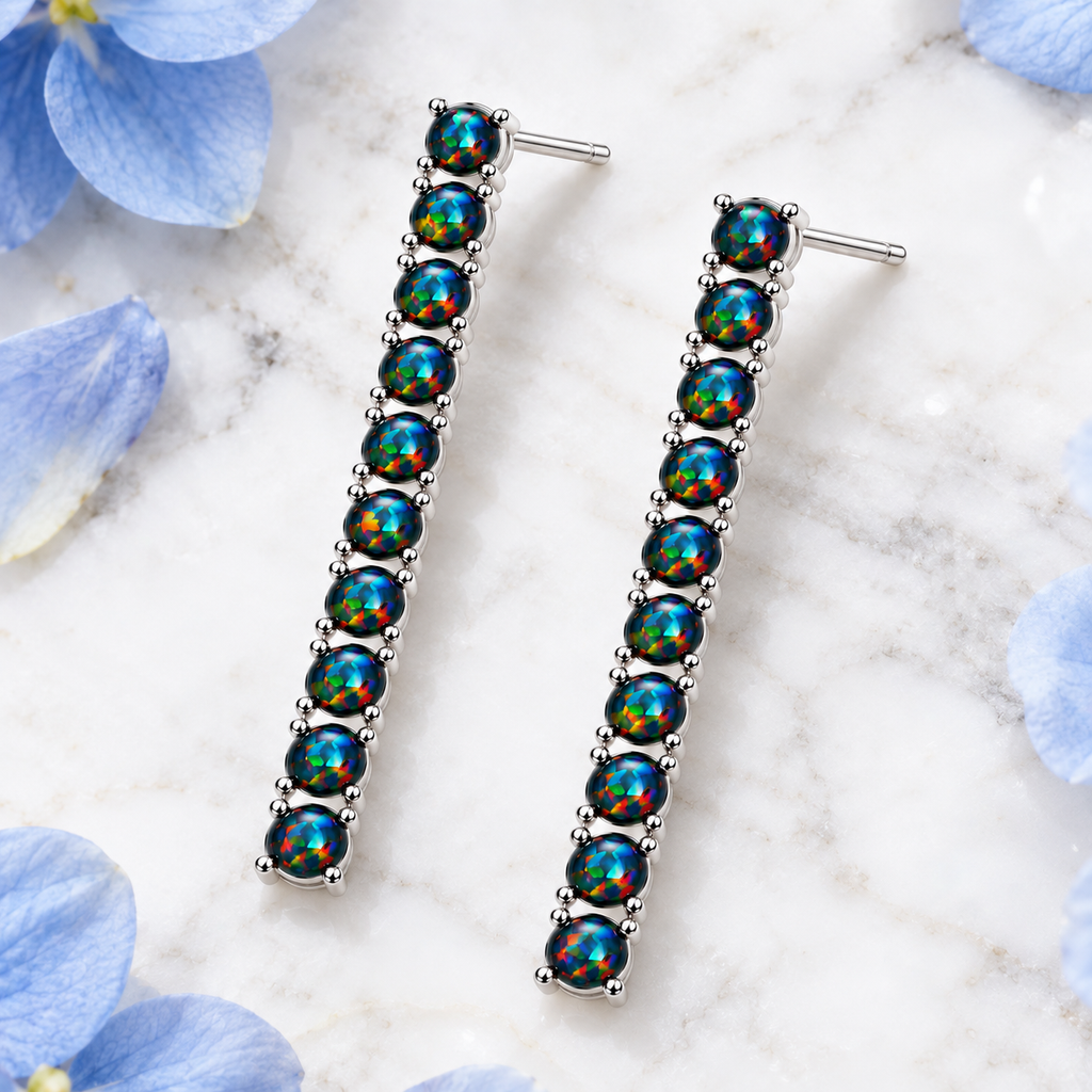 Natural Black Fire Opal earrings featuring 20 natural 3mm gemstones in an elegant lifestyle jewelry setting