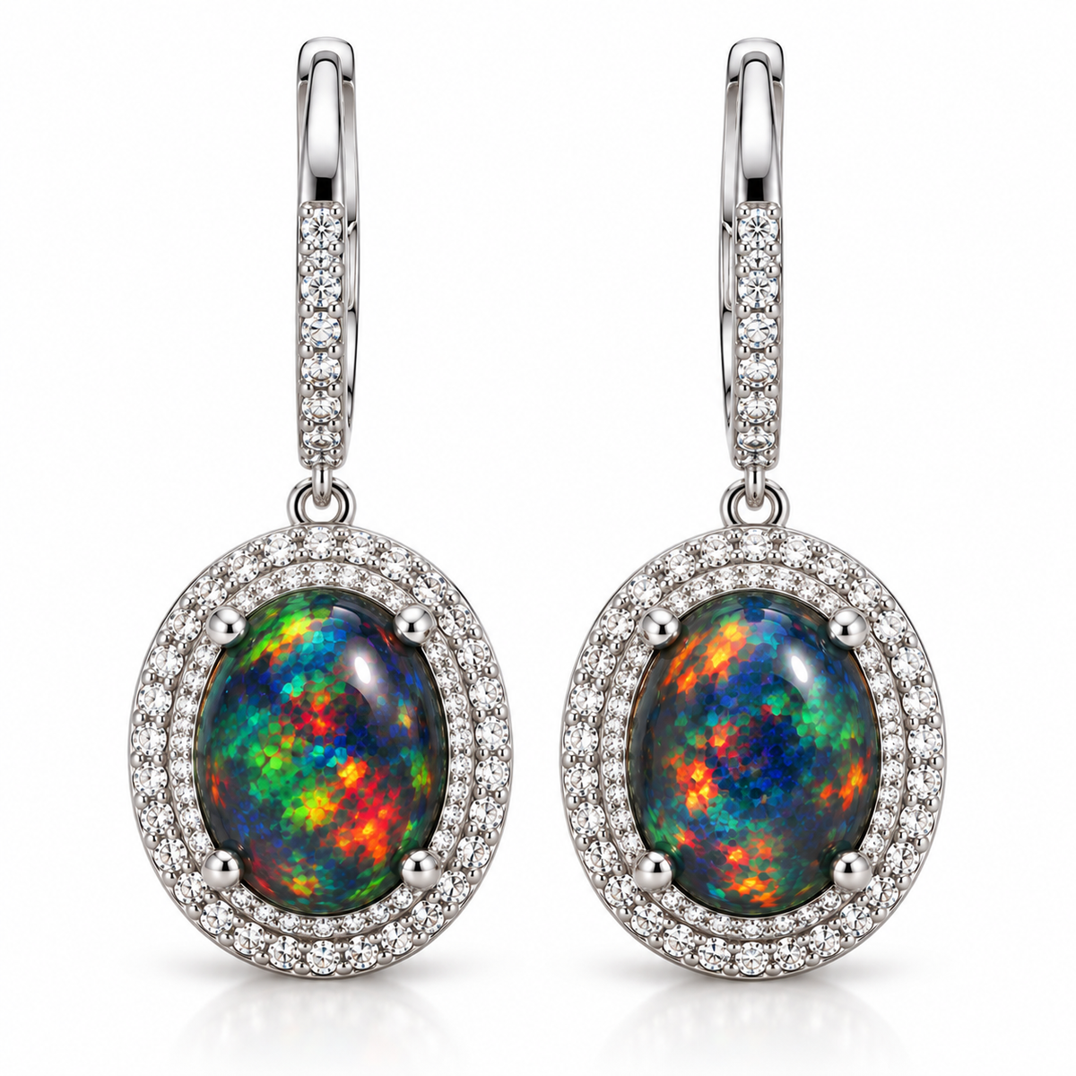 Natural black fire opal 8x10mm oval drop earrings with cubic zirconia halo in 925 sterling silver