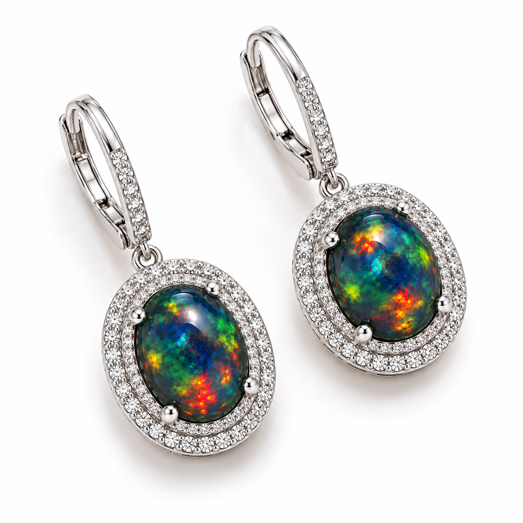 Pair of natural black fire opal earrings featuring 8x10mm oval gemstones and sparkling halo accents