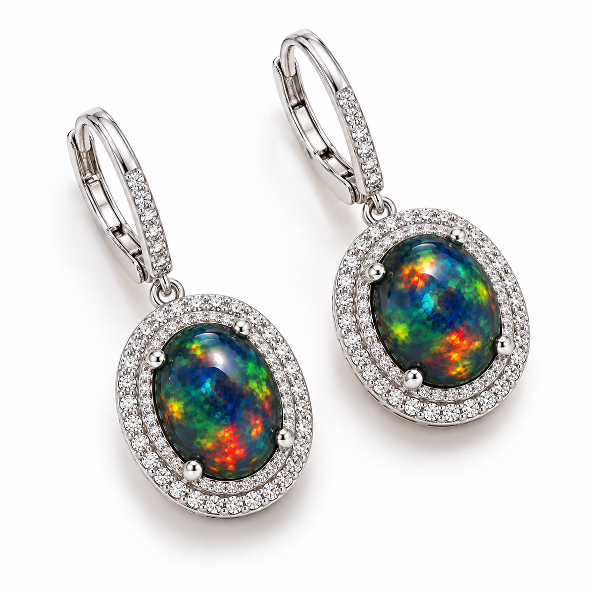 Pair of natural black fire opal earrings featuring 8x10mm oval gemstones and sparkling halo accents