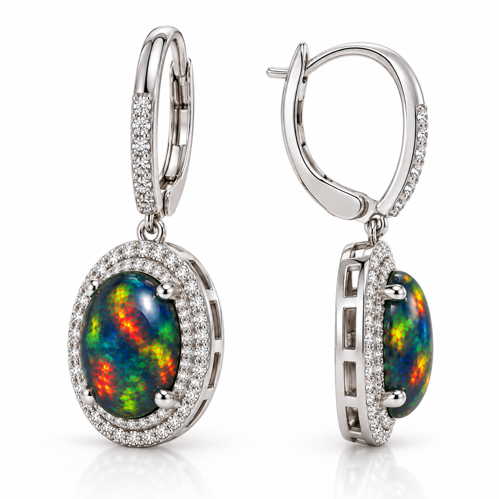 Natural black fire opal 8x10mm oval gemstones in detailed 925 sterling silver drop earring settings