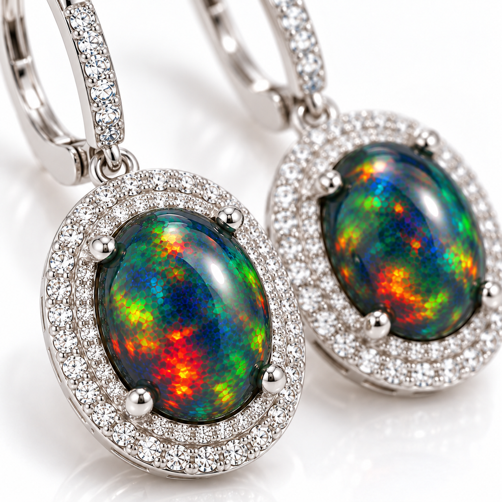 Close-up of 8x10mm natural black fire opal showing vivid red orange green and blue multicolor play-of-color