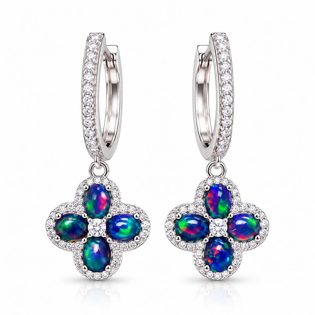 Natural black fire opal hoop earrings with 4x5mm floral gemstones in 925 Sterling Silver on white background