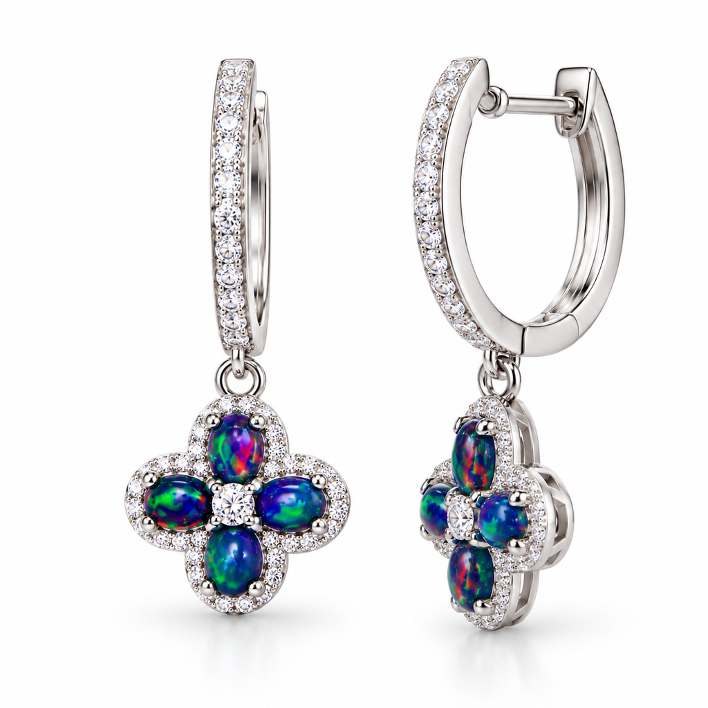 Side view of natural black fire opal hoop earrings showing the floral gemstone drops and hoop profile