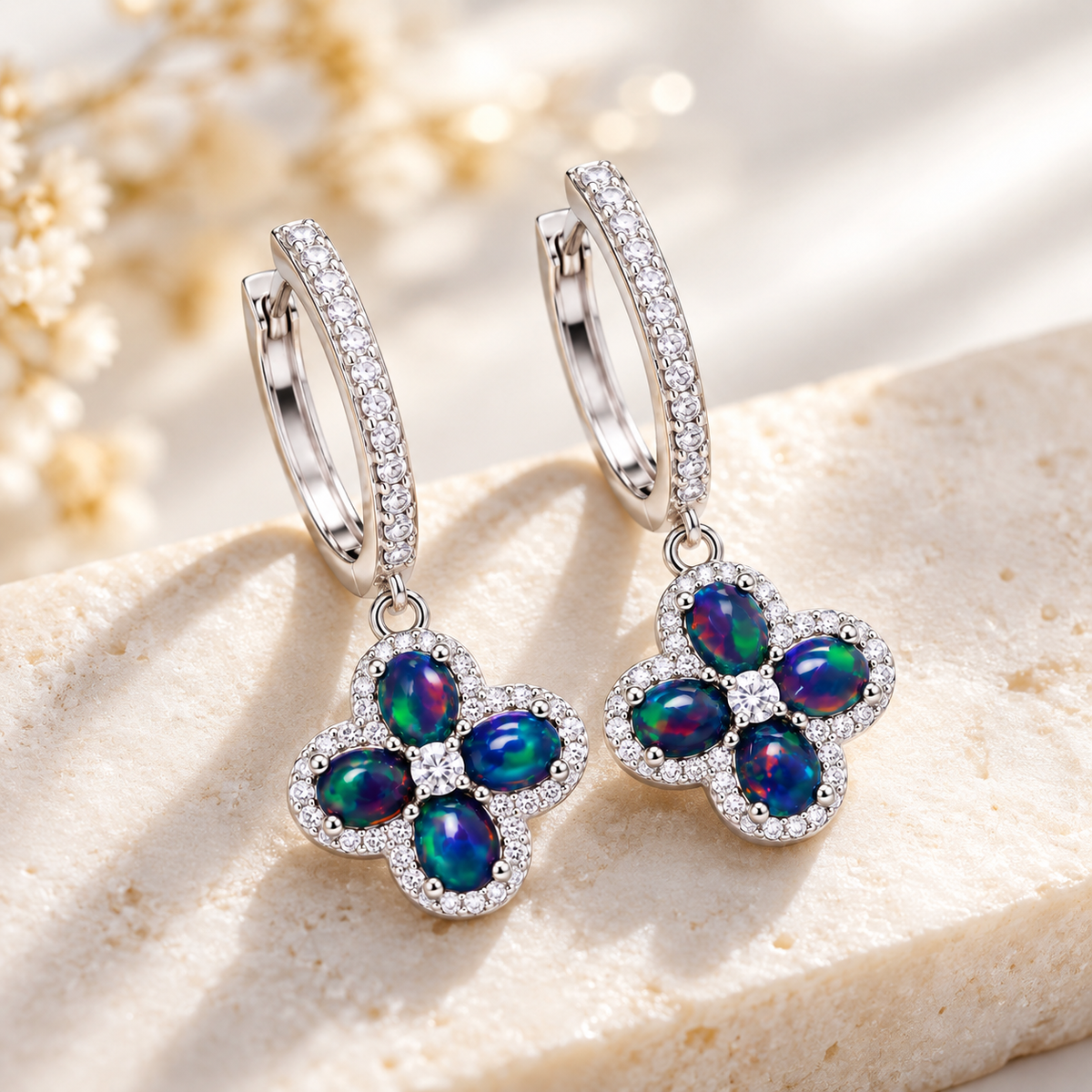 Natural black fire opal hoop earrings with colorful 4x5mm gemstones styled as elegant gemstone jewelry