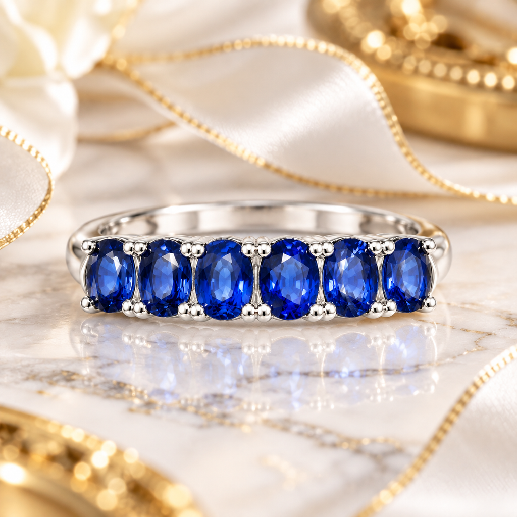 Phimsera natural blue sapphire band ring styled in an elegant jewelry lifestyle setting