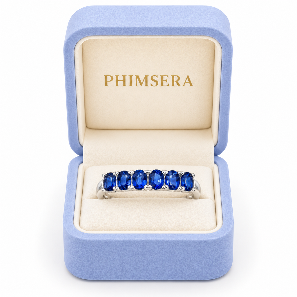 Phimsera natural blue sapphire band ring presented in an elegant Phimsera jewelry gift box