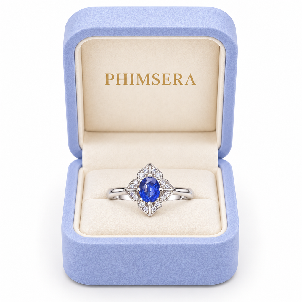 Natural 4×5mm oval blue sapphire floral ring presented inside a Phimsera jewelry gift box