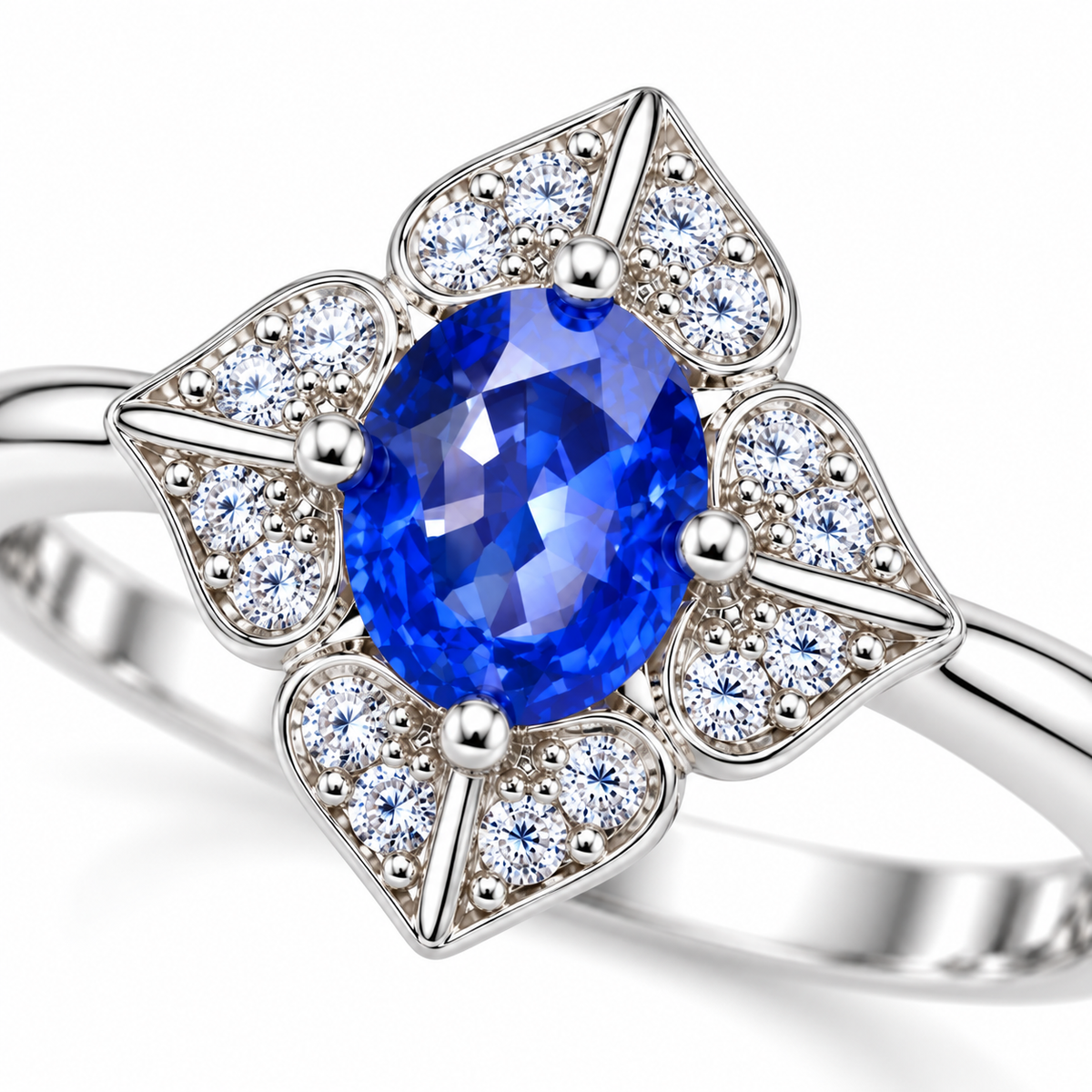 Macro close-up of a natural 4×5mm oval blue sapphire surrounded by detailed floral accents