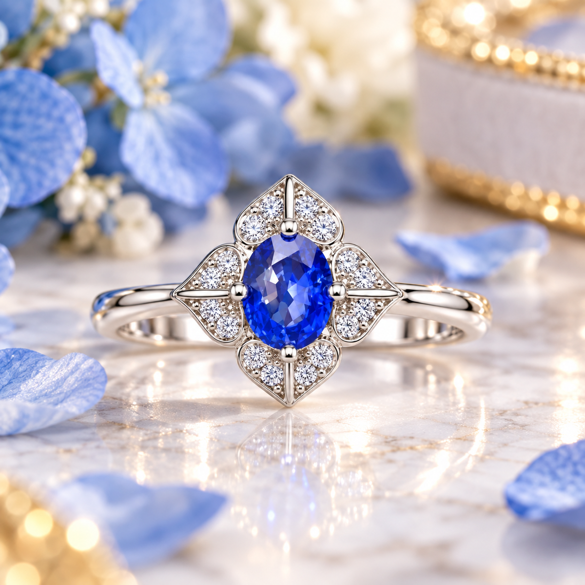 Natural Blue Sapphire Floral Ring with 4x5mm Gemstone Lifestyle Floral Image 1