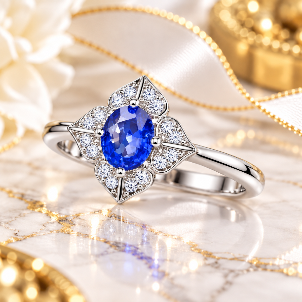 Natural Blue Sapphire Floral Ring with 4x5mm Gemstone Lifestyle Floral Image 