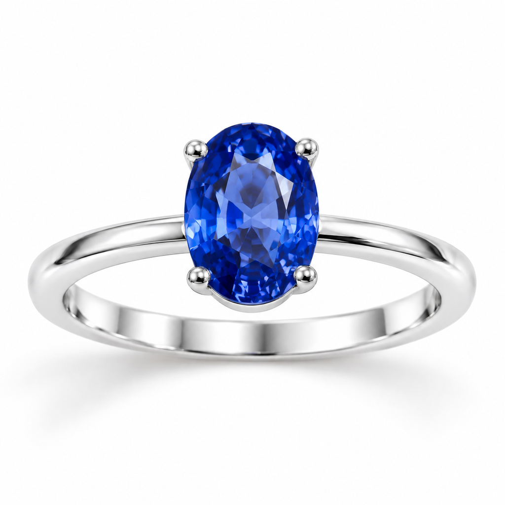 5x7mm blue sapphire solitaire ring with oval gemstone in four-prong sterling silver setting