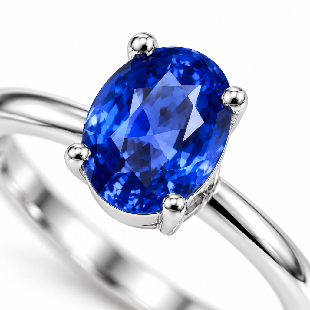 Close-up of 5x7mm blue sapphire showing faceted detail in solitaire setting