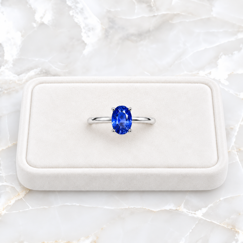 5x7mm blue sapphire solitaire ring displayed on a white velvet jewelry tray