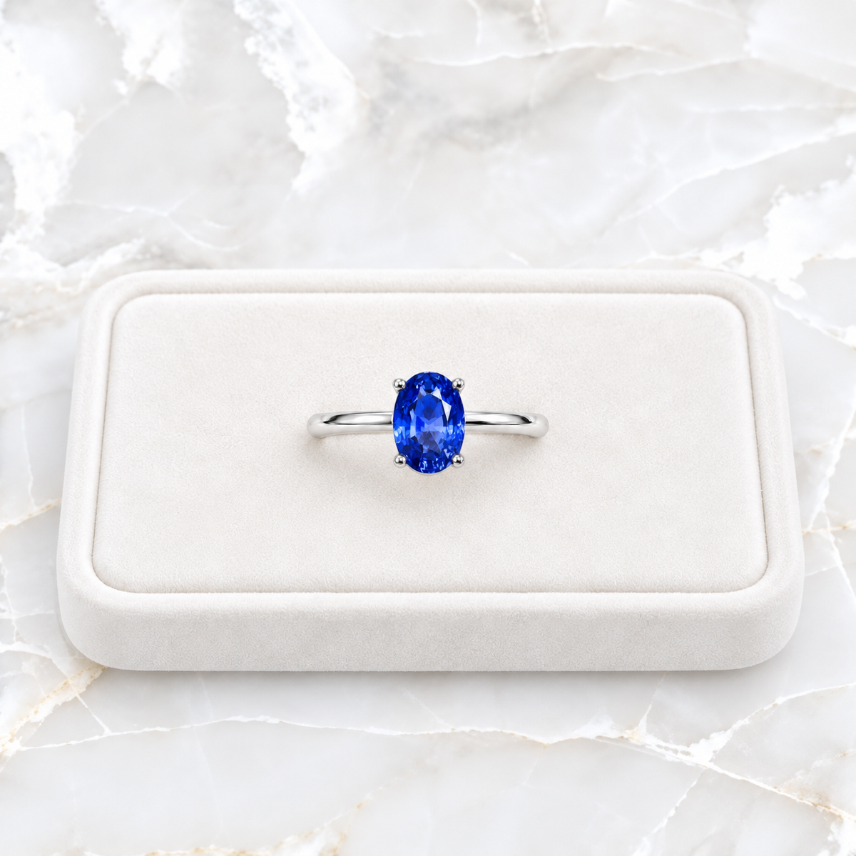 5x7mm blue sapphire solitaire ring displayed on a white velvet jewelry tray