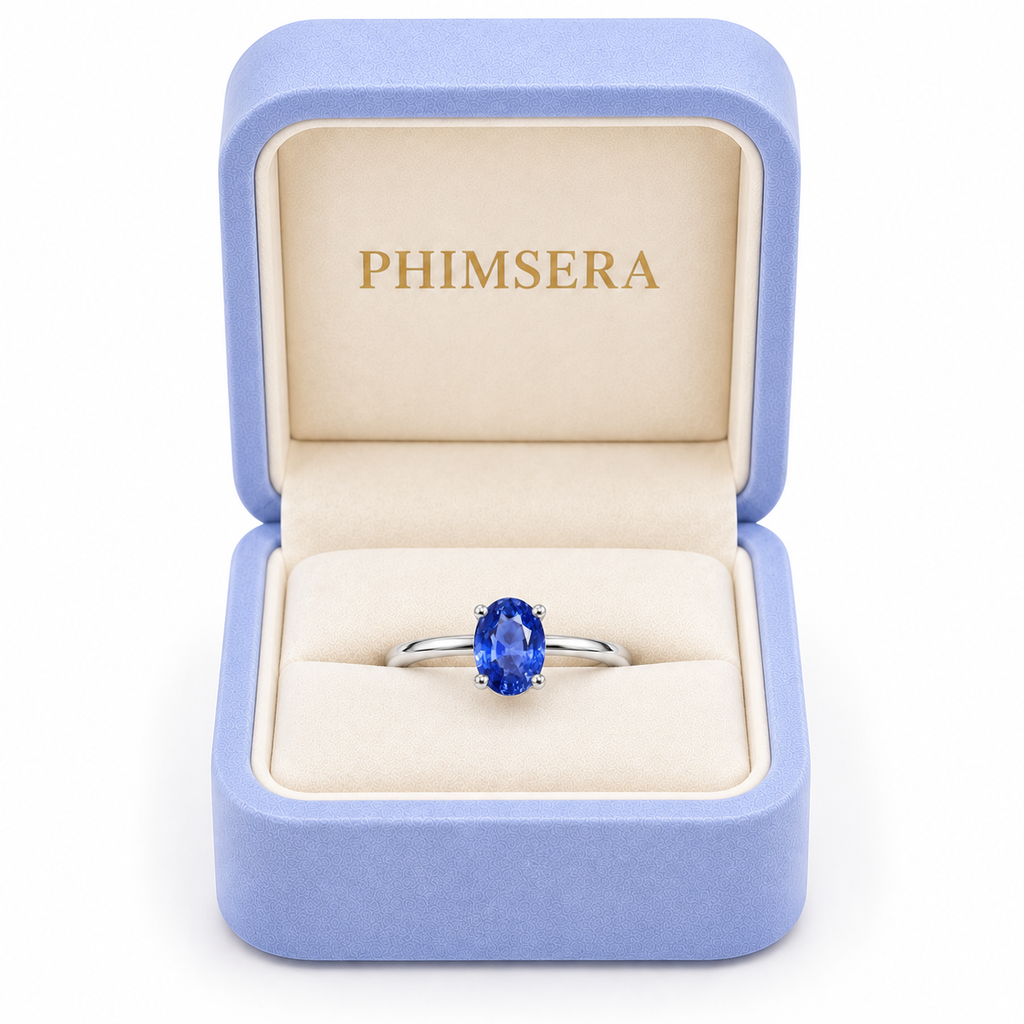 5x7mm blue sapphire solitaire ring presented in a Phimsera jewelry gift box