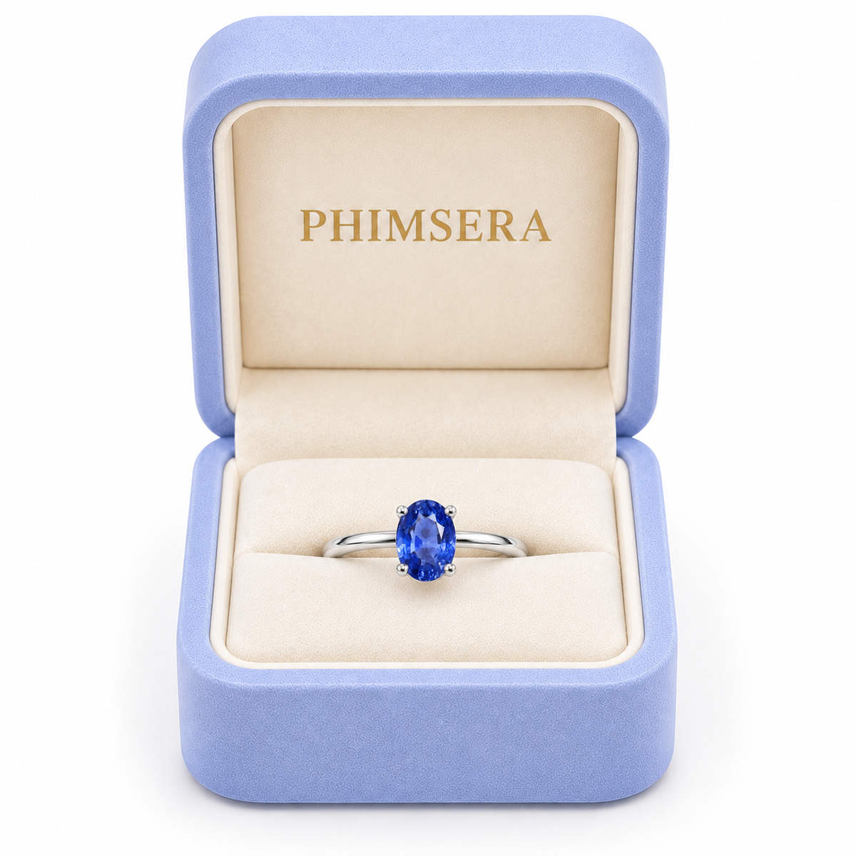 5x7mm blue sapphire solitaire ring presented in a Phimsera jewelry gift box
