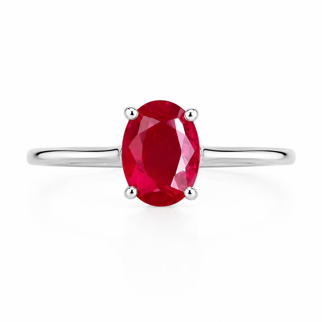 6x8mm oval cut ruby ring showing vivid red gemstone and four prong sterling silver setting