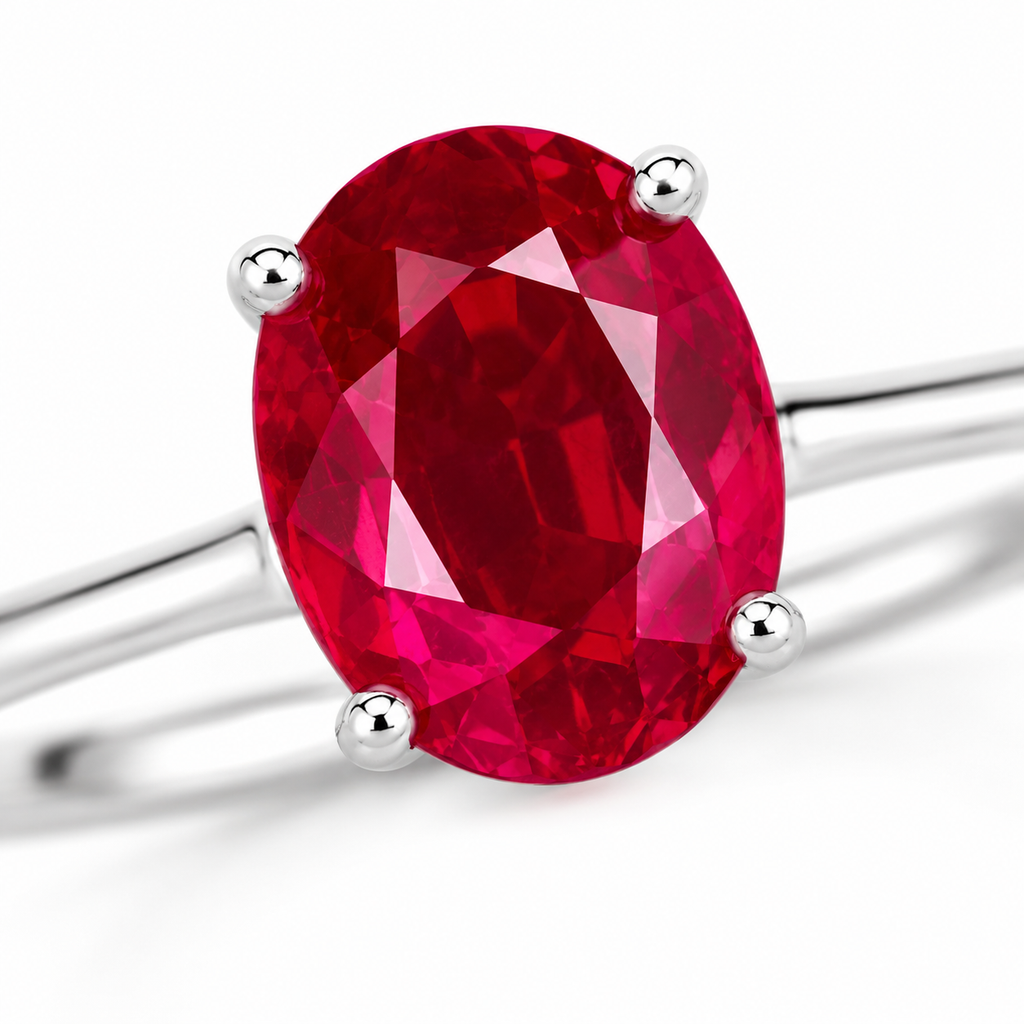 Macro view of 6x8mm faceted ruby gemstone in 925 sterling silver ring