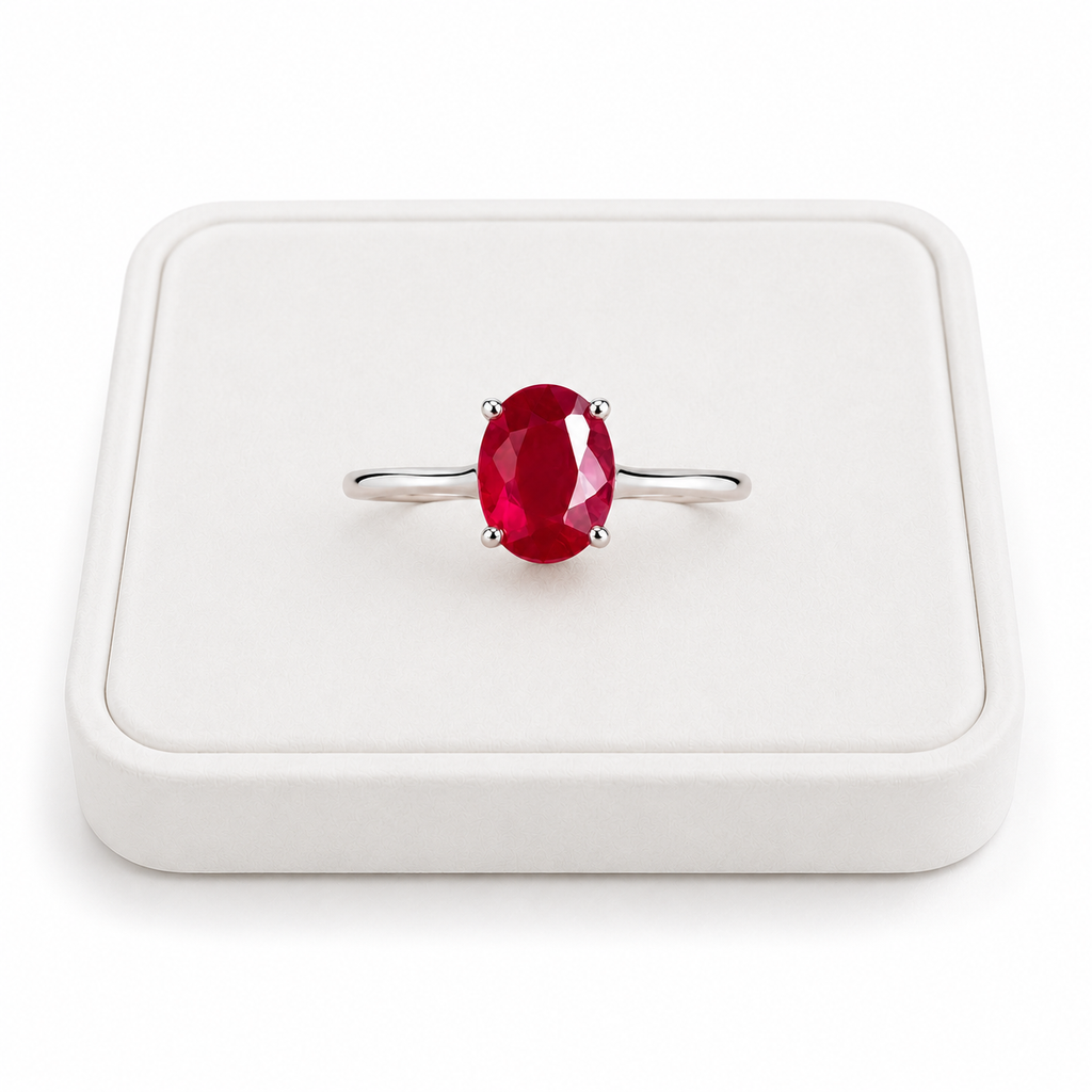 6x8mm oval ruby gemstone ring displayed on white velvet jewelry tray
