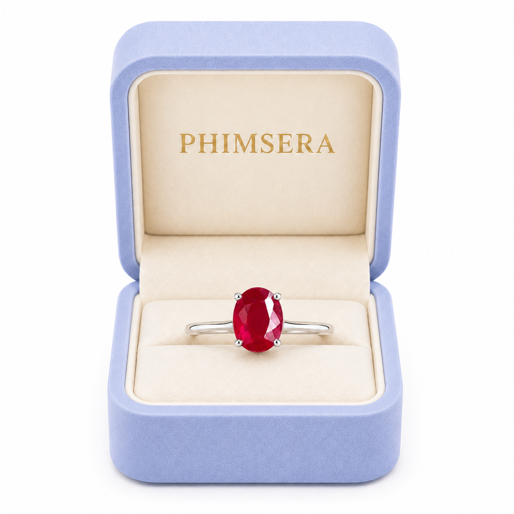 6x8mm oval ruby ring presented in Phimsera jewelry box