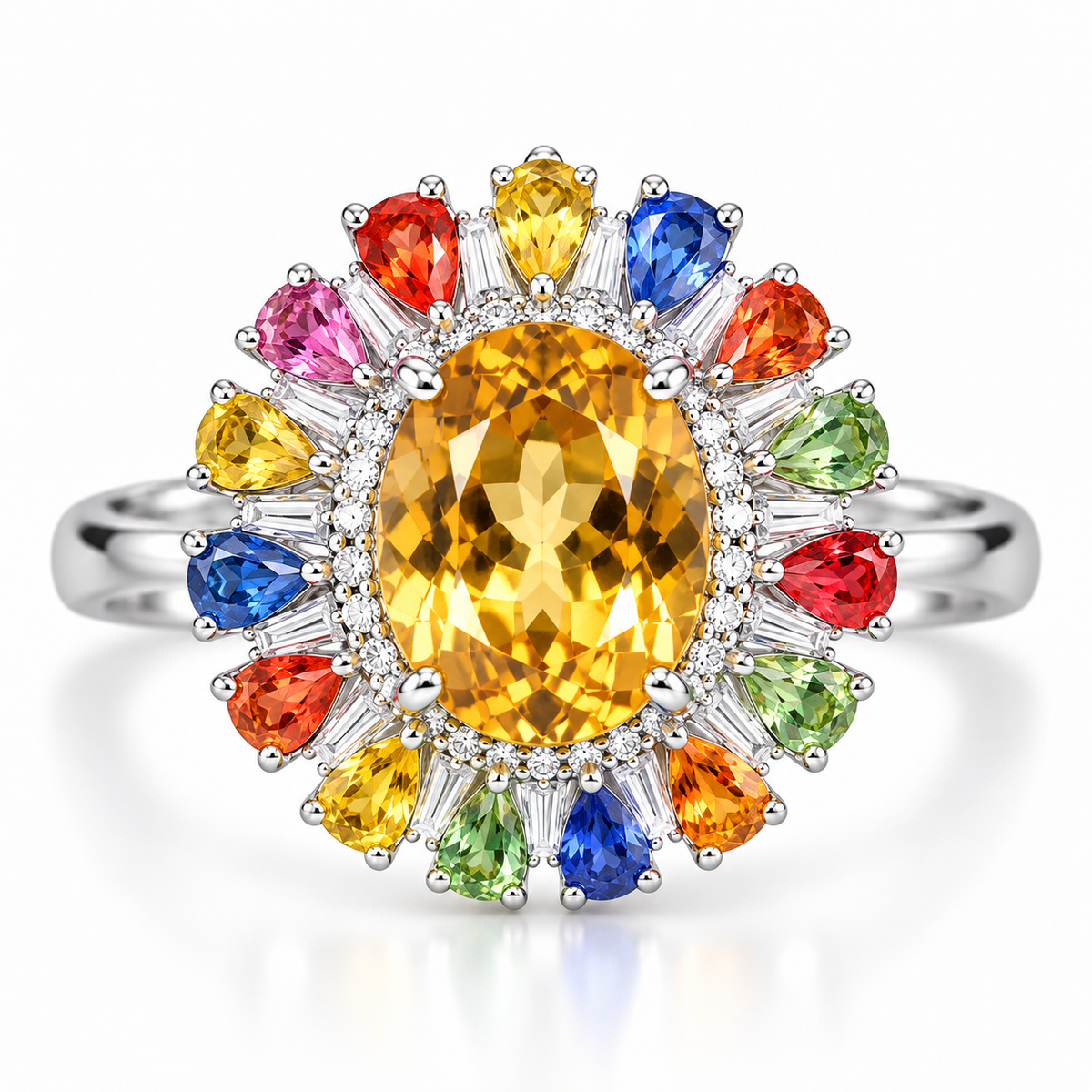 Natural citrine and sapphire gemstone ring featuring a 10mm × 12mm citrine center, pear-shaped sapphire accents, cubic zirconia, and 925 sterling silver on a white background.