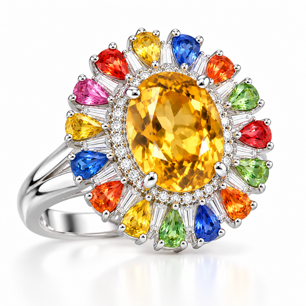 45-degree view of a natural citrine and sapphire gemstone ring with a 10mm × 12mm citrine center, pear-shaped sapphire stones, and cubic zirconia accents in sterling silver.