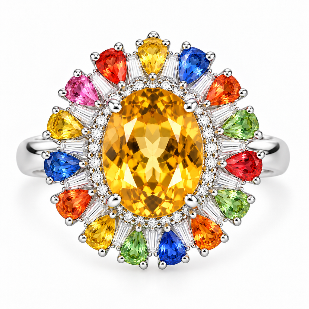 Top-down view of a natural citrine gemstone ring with pear-shaped natural sapphire accents, cubic zirconia stones, and a 925 sterling silver setting.