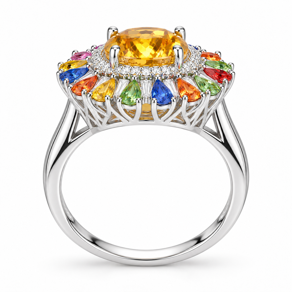 Side view of the natural citrine and sapphire statement ring showing the gemstone setting and 925 sterling silver construction.