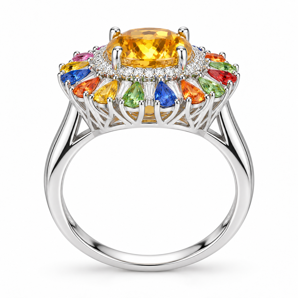 Side view of the natural citrine and sapphire statement ring showing the gemstone setting and 925 sterling silver construction.