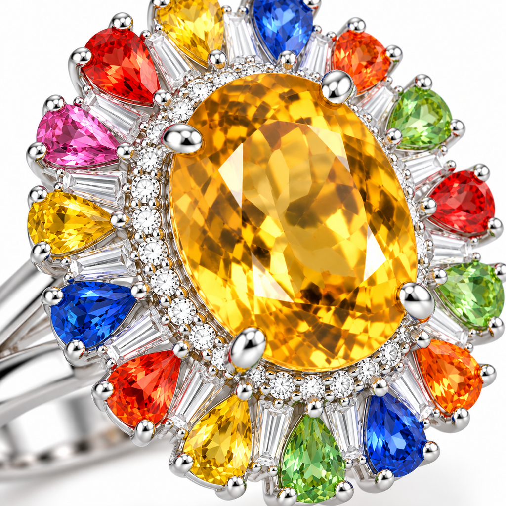 Macro detail of the natural citrine center gemstone, pear-shaped sapphire accents, and cubic zirconia detailing on the sterling silver ring.