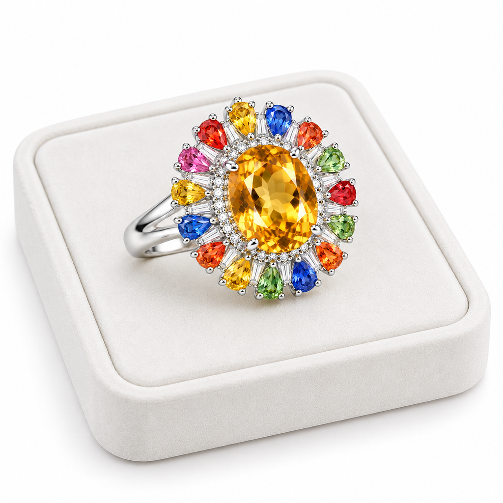 Natural citrine and sapphire gemstone ring displayed on a white velvet jewelry tray.