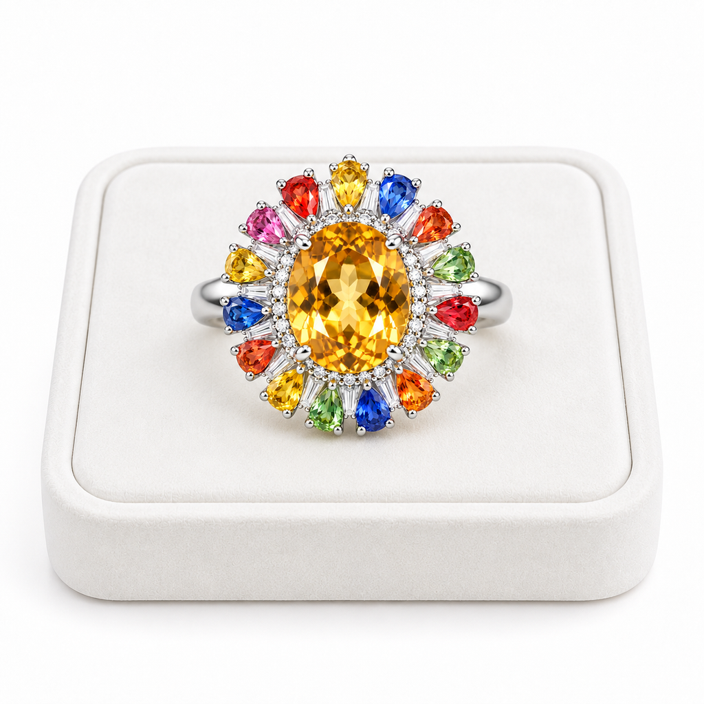 Natural citrine and sapphire gemstone ring displayed on a white velvet jewelry tray.