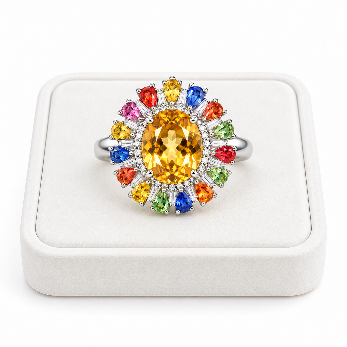 Natural citrine and sapphire gemstone ring displayed on a white velvet jewelry tray.