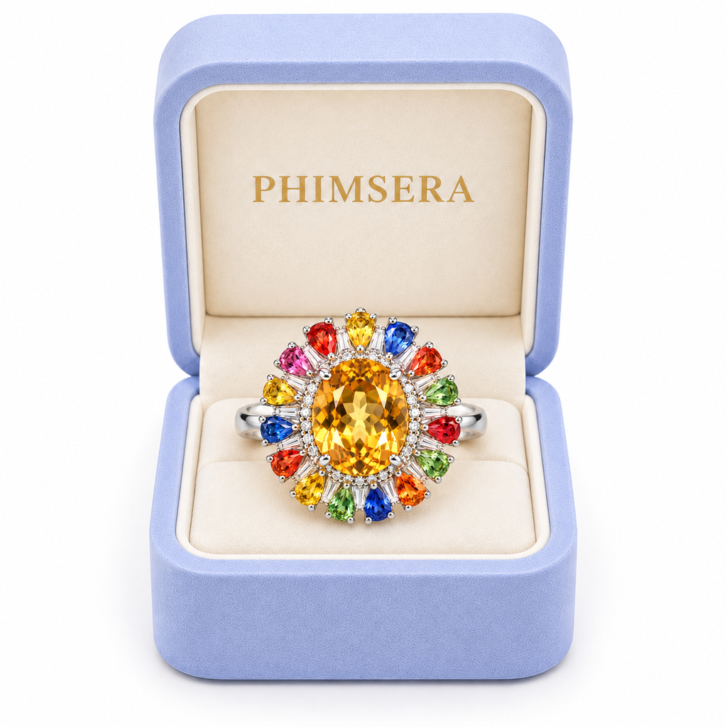 Natural citrine and sapphire gemstone ring displayed on a white velvet jewelry tray.