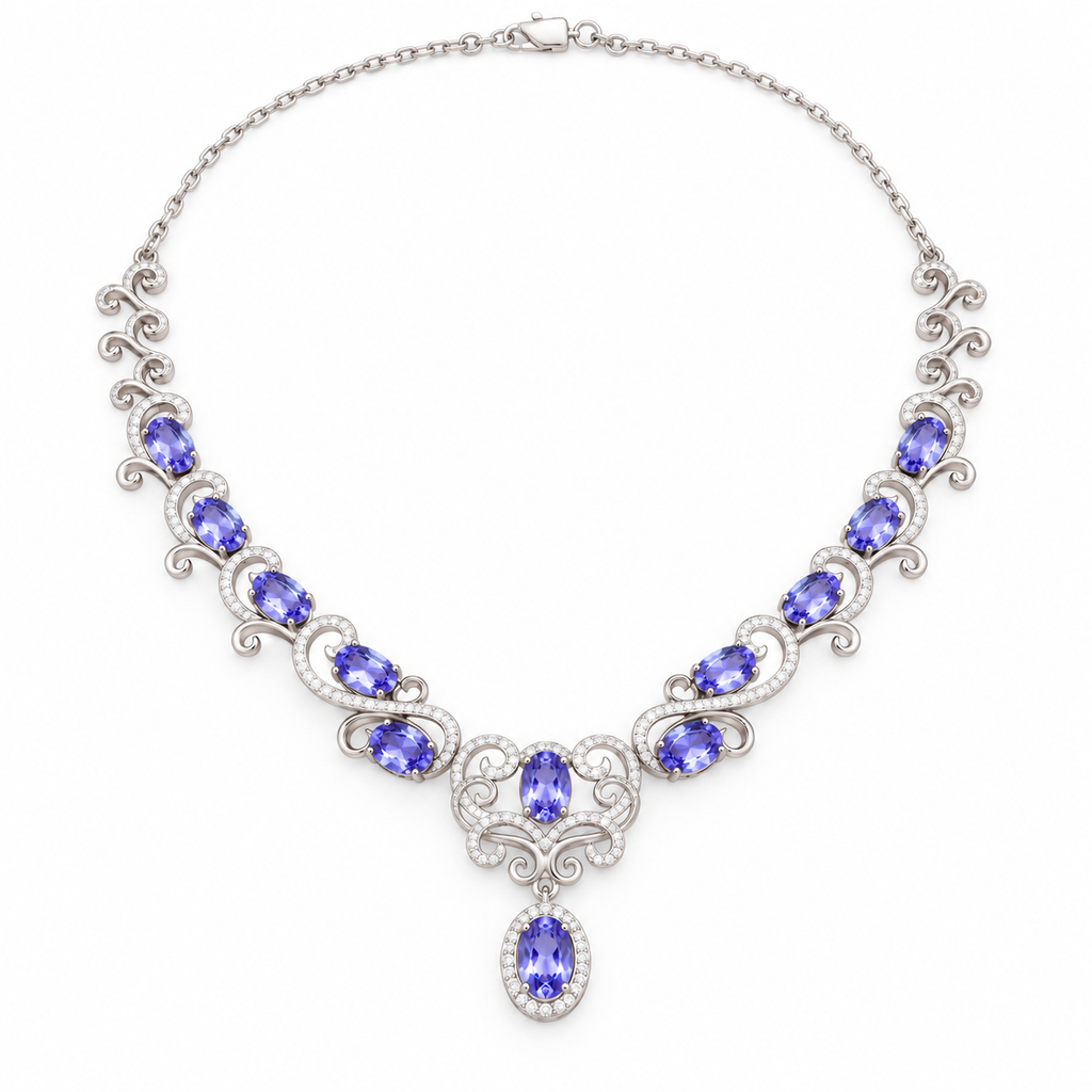 Top-down view of a purple tanzanite gemstone necklace with multiple 4×6mm oval stones, intricate filigree detailing, and polished 925 sterling silver craftsmanship.