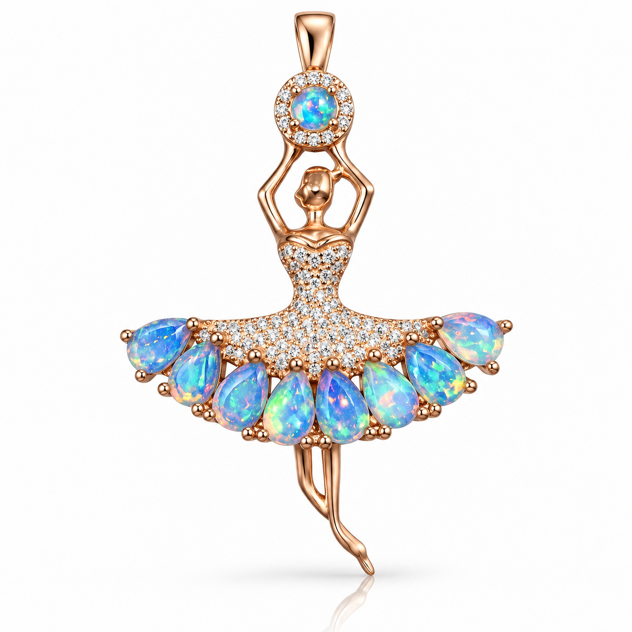 Natural fire opal ballerina pendant with 4x6mm pear cut opals in rose gold plated sterling silver