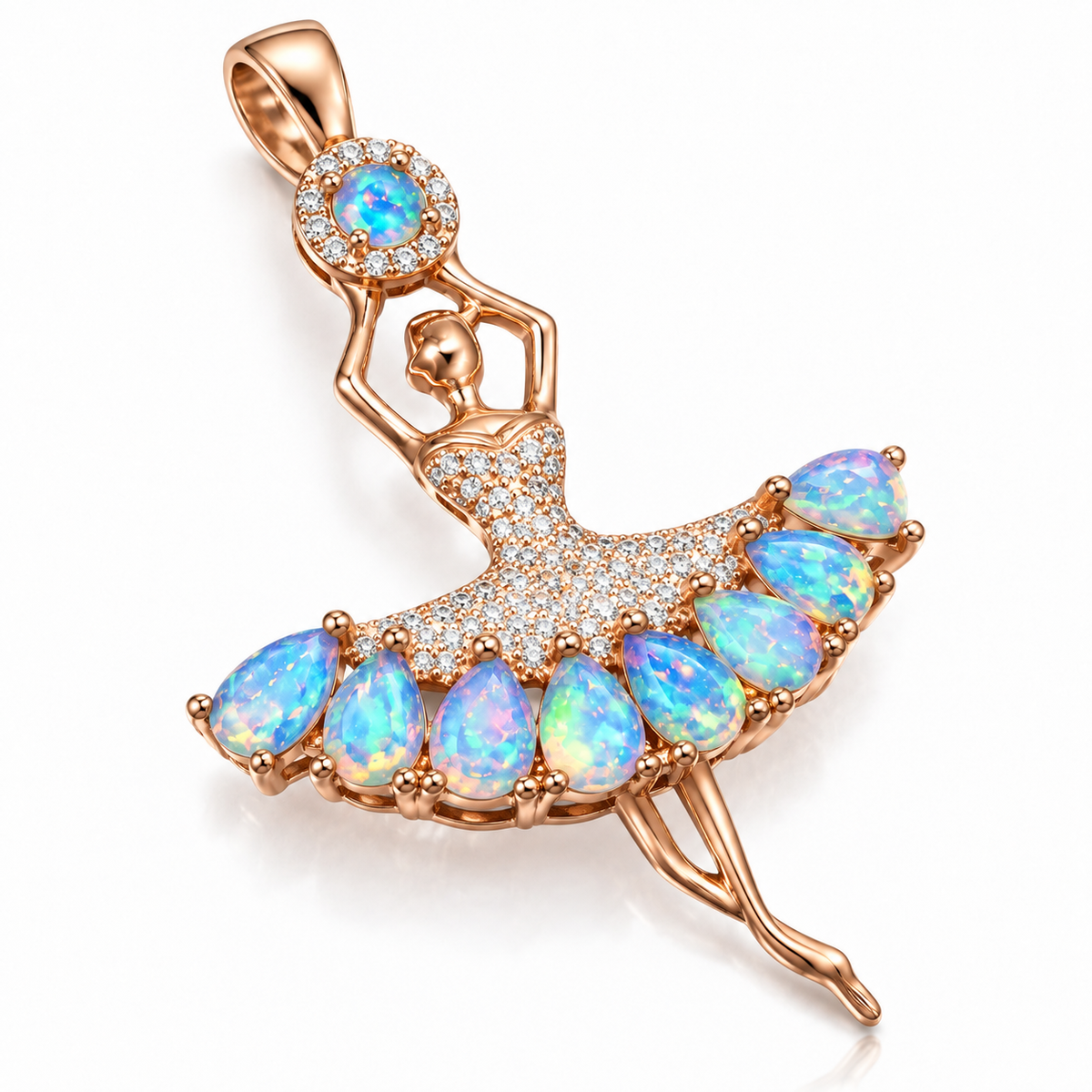 Natural fire opal ballerina pendant showing colorful 4x6mm pear cut gemstones