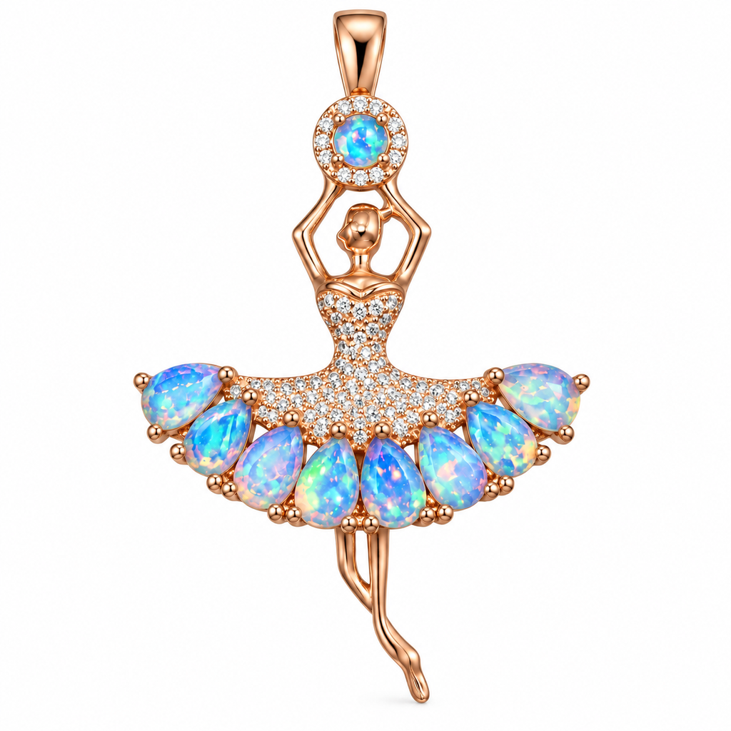Front view of natural fire opal ballerina pendant with pear cut 4x6mm opals