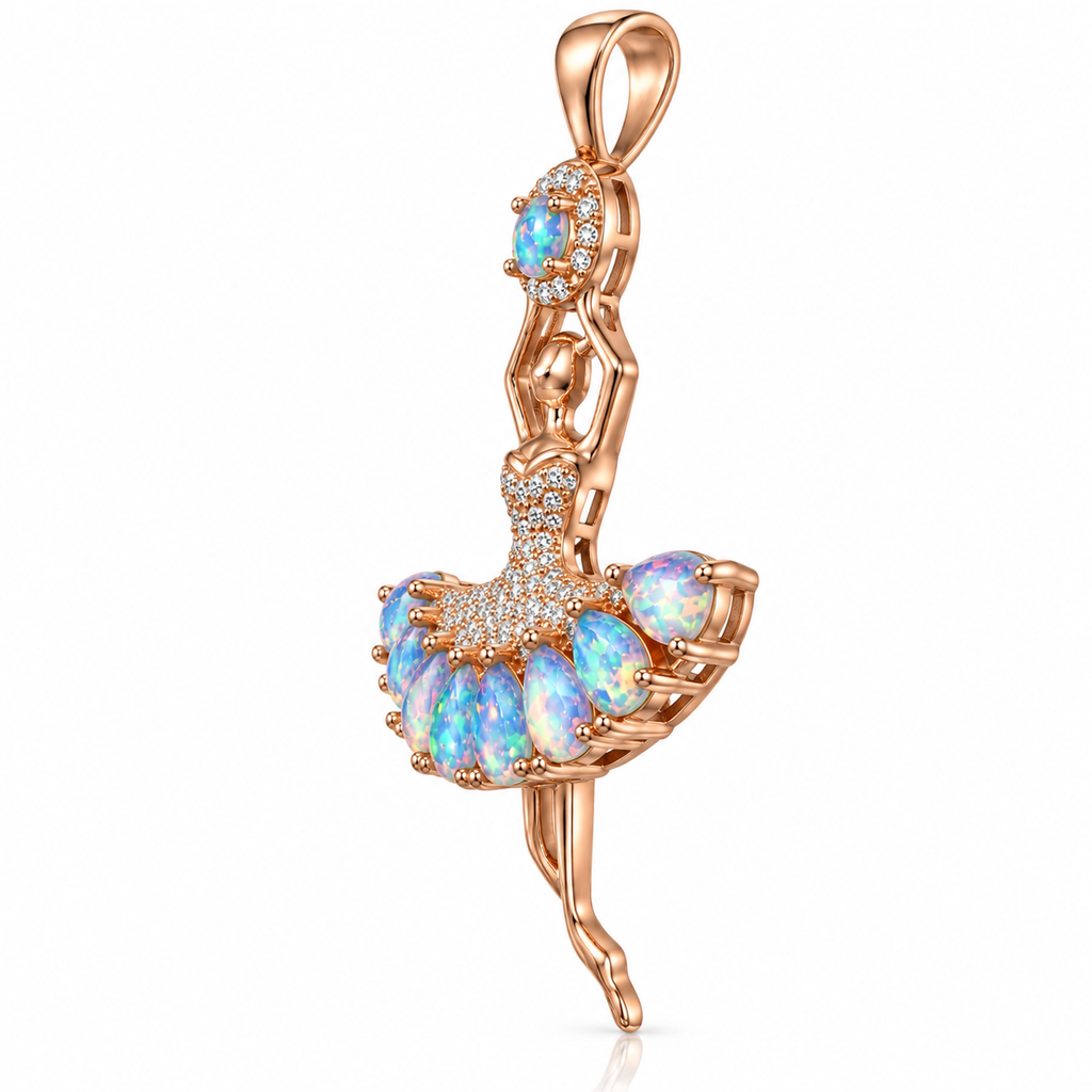 Side view of natural fire opal ballerina pendant showing gemstone settings and rose gold metalwork