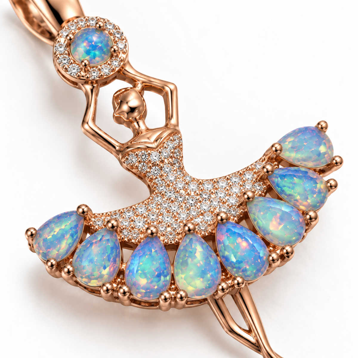 Close-up of colorful natural 4x6mm pear cut fire opals on ballerina pendant